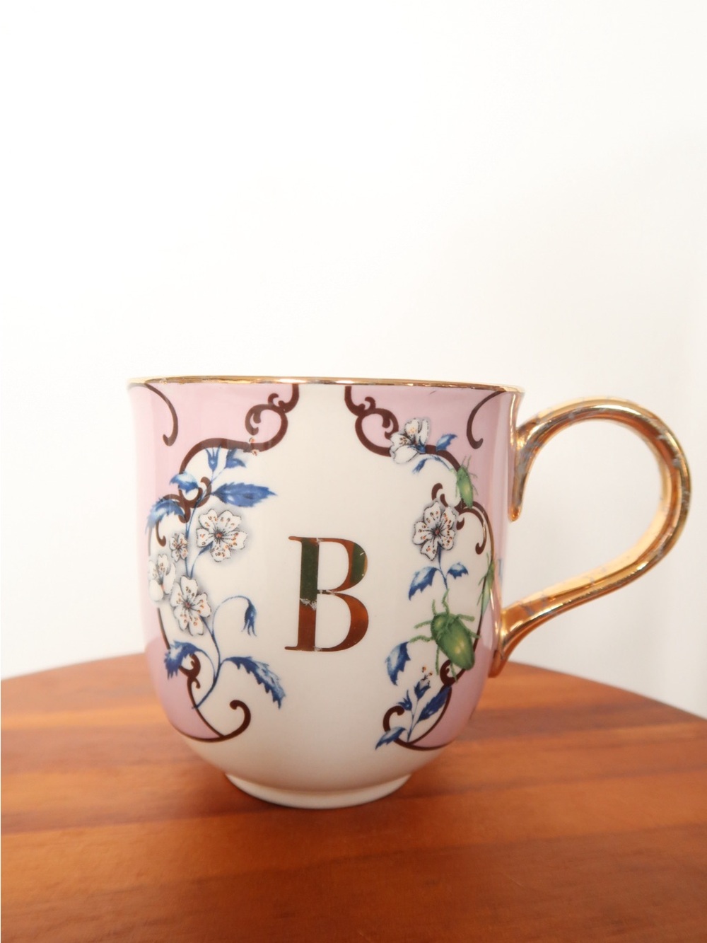 Anthropologie Pink White Floral Porcelain Mug with Gold Handle